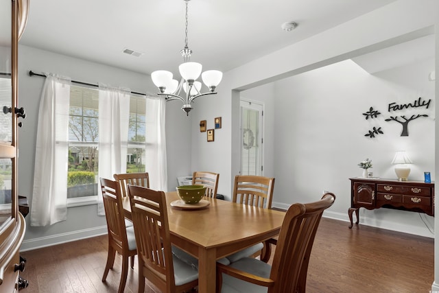 4246 Livorn Loop, Myrtle Beach, SC 29579 - dining space featuring baseboards, an inviting chandelier, visible vents, and dark wood-type flooring