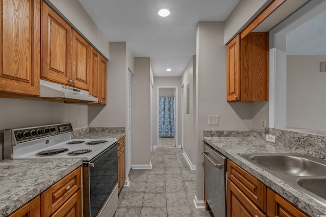 900 Courtyard Dr Unit K7, Myrtle Beach, SC 29577 - kitchen with under cabinet range hood, dishwasher, brown cabinetry, white electric range, and a sink