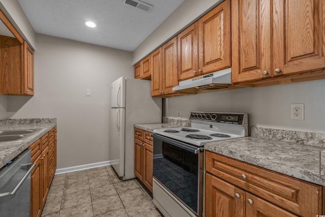 900 Courtyard Dr Unit K7, Myrtle Beach, SC 29577 - kitchen with brown cabinetry, white appliances, visible vents, and under cabinet range hood