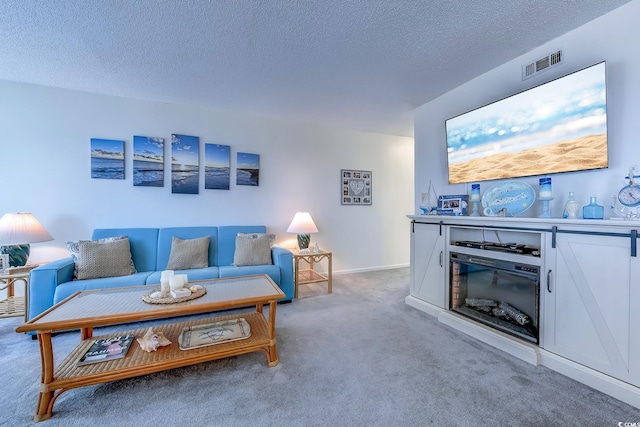 carpeted living room with a textured ceiling