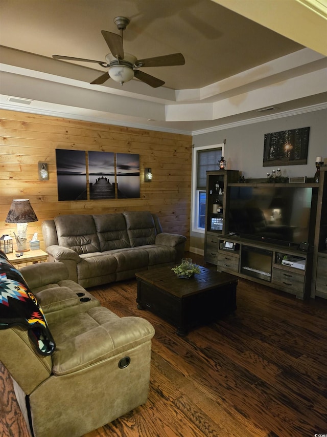 1717 Perdiz Covey Ct, Myrtle Beach, SC 29588 - living area with a raised ceiling, a ceiling fan, wood finished floors, and wood walls