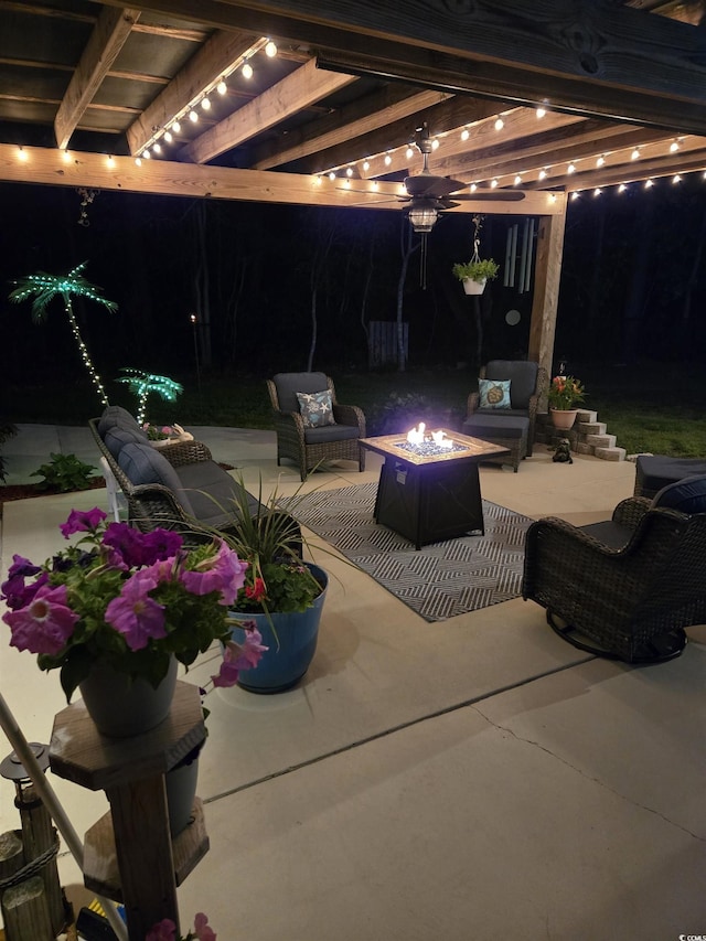 1717 Perdiz Covey Ct, Myrtle Beach, SC 29588 - patio at twilight with an outdoor fire pit, a ceiling fan, a patio, and a pergola