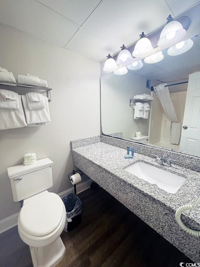201 N Ocean Blvd Unit 2536, Myrtle Beach, SC 29572 - full bath with curtained shower, baseboards, wood finished floors, toilet, and vanity