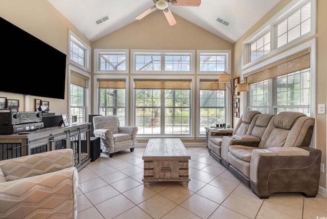 1004 Addington Ct, Murrells Inlet, SC 29576 - living room with vaulted ceiling, plenty of natural light, a ceiling fan, and light tile patterned flooring