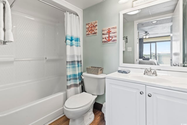 205 74th Ave N Unit 1104, Myrtle Beach, SC 29572 - ensuite bathroom with vanity, shower / bath combination with curtain, wood finished floors, toilet, and ceiling fan