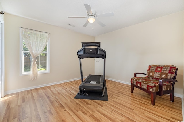 706 Chippendale Dr, Myrtle Beach, SC 29588 - workout room featuring baseboards, a ceiling fan, visible vents, and light wood-style floors
