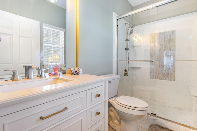 bathroom with toilet, vanity, and a shower stall