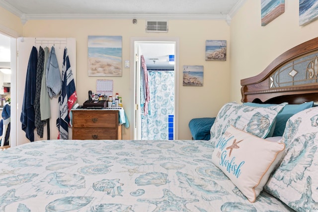 bedroom with crown molding and visible vents