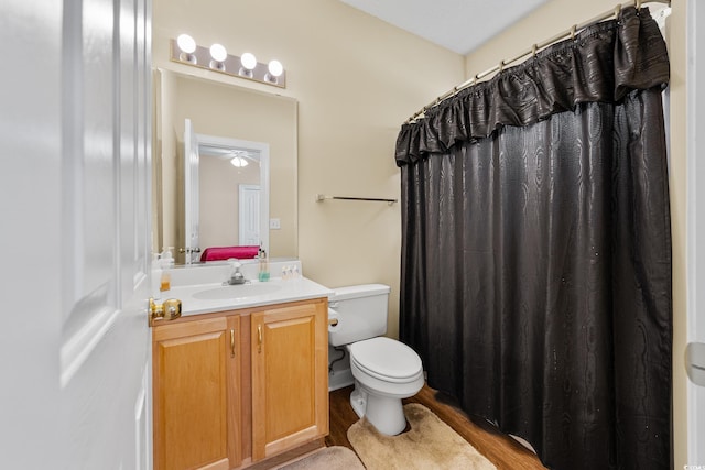 full bathroom featuring toilet, wood finished floors, vanity, and curtained shower