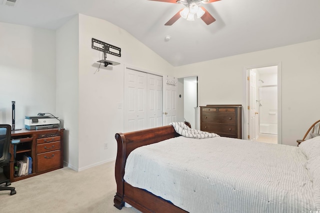 157 Olde Towne Way Unit 4, Myrtle Beach, SC 29588 - carpeted bedroom with a ceiling fan, a closet, baseboards, ensuite bath, and lofted ceiling