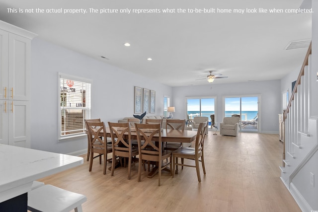 dining room with stairs, recessed lighting, ceiling fan, light wood-style flooring, and baseboards
