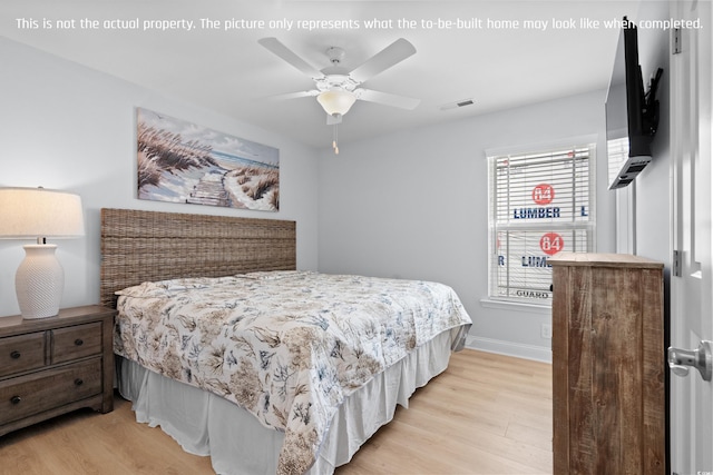 bedroom with baseboards, a ceiling fan, visible vents, and light wood-style floors