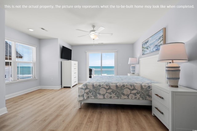 bedroom featuring a ceiling fan, baseboards, visible vents, light wood-type flooring, and access to exterior