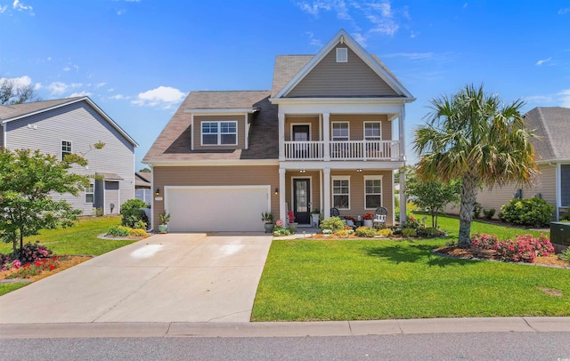 view of front of house with a balcony, driveway, an attached garage, a front yard, and a porch