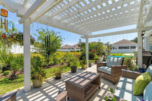 view of patio featuring an outdoor living space, a pergola, and fence