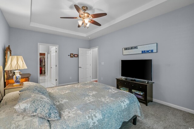 bedroom featuring a tray ceiling, a spacious closet, baseboards, ceiling fan, and carpet flooring