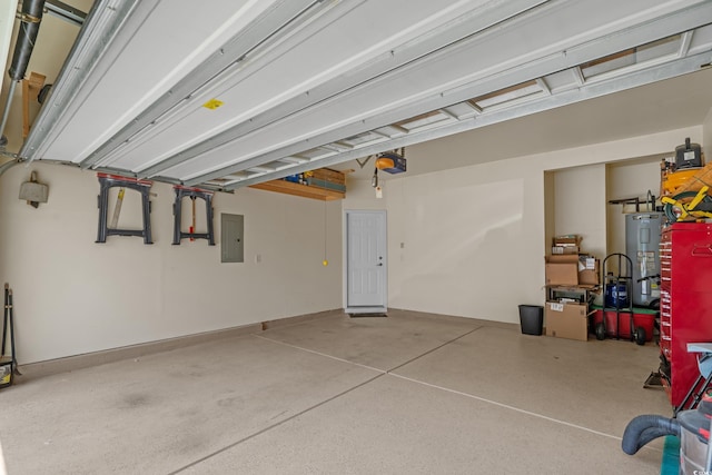 garage with water heater and electric panel