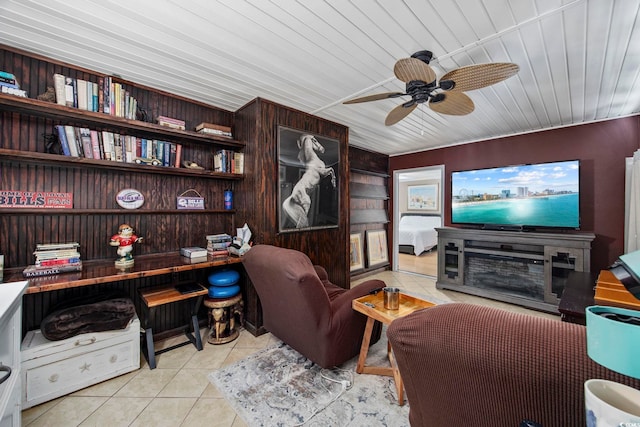 tiled office featuring ceiling fan and wood ceiling