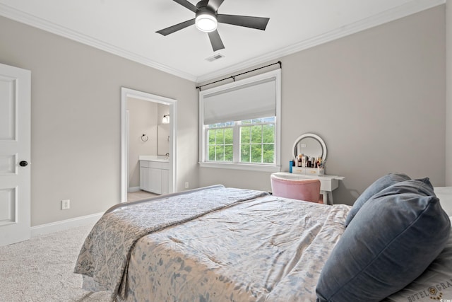 93 Knotty Pine Way, Murrells Inlet, SC 29576 - carpeted bedroom featuring crown molding, baseboards, ensuite bathroom, and ceiling fan