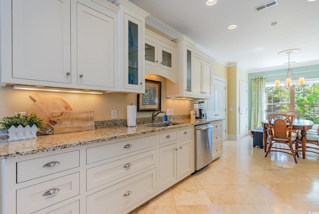 kitchen featuring a sink, stainless steel dishwasher, crown molding, light stone counters, and glass insert cabinets