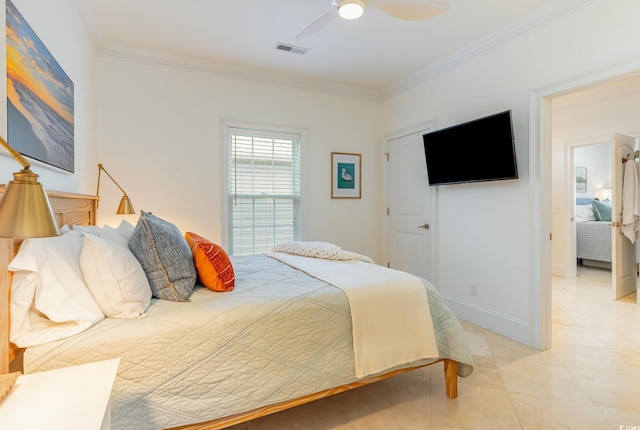 bedroom featuring ornamental molding, light tile patterned floors, and a ceiling fan