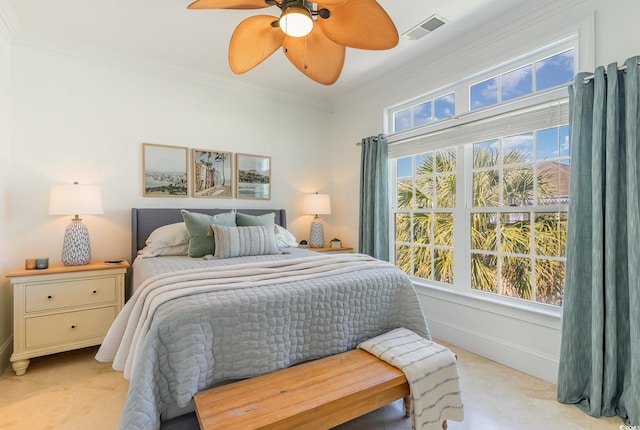 bedroom featuring crown molding, baseboards, light tile patterned flooring, and ceiling fan