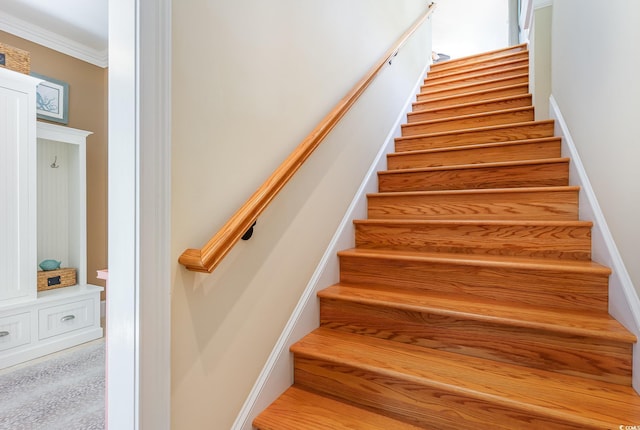 stairs featuring ornamental molding