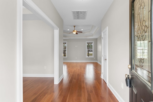 4067 Ridgewood Dr, Conway, SC 29526 - foyer entrance with a tray ceiling, hardwood / wood-style flooring, a ceiling fan, baseboards, and recessed lighting