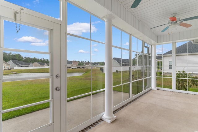 4067 Ridgewood Dr, Conway, SC 29526 - unfurnished sunroom with a ceiling fan, a water view, and a residential view