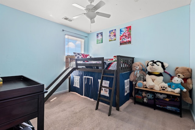 bedroom featuring carpet floors and ceiling fan