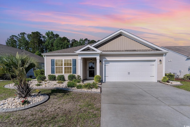 ranch-style house with concrete driveway, a garage, and a front lawn