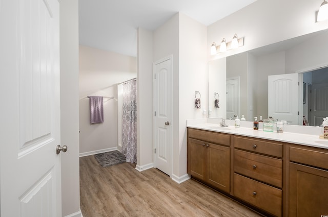 250 Ole Maple St, Loris, SC 29569 - bathroom featuring wood finished floors, double vanity, baseboards, and a shower with shower curtain