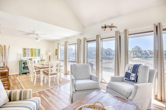 124 Spartina Ct Unit 30, Pawleys Island, SC 29585 - living room with light wood-style flooring, vaulted ceiling, and ceiling fan