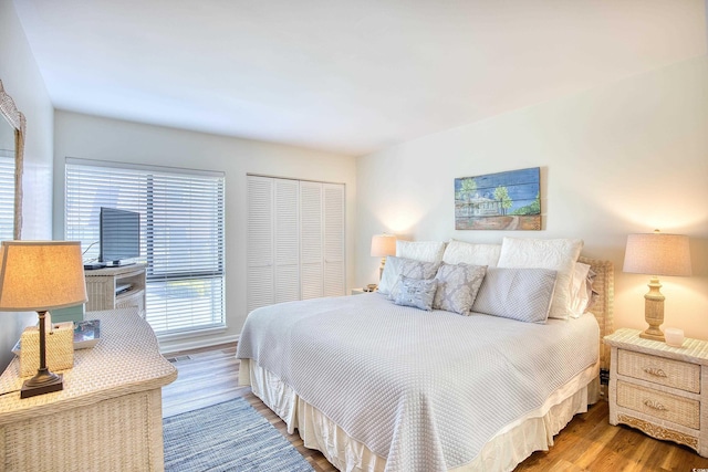 bedroom with wood finished floors and a closet