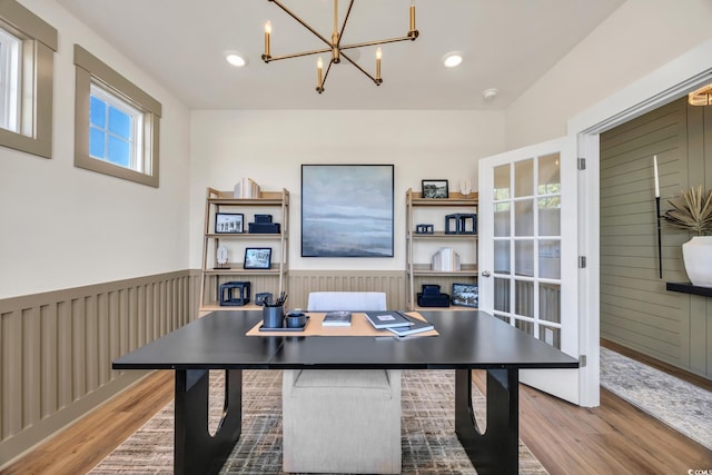 office with a notable chandelier, recessed lighting, and wood finished floors