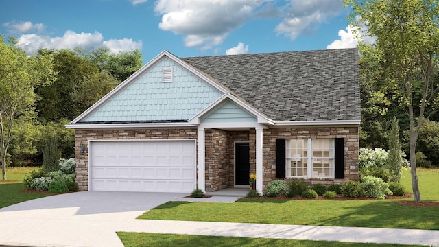 8719 Baton Rouge Ave NW, Calabash, NC 28467 - view of front of home with stone siding, driveway, a front yard, and an attached garage