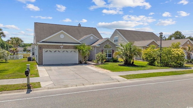 craftsman house with concrete driveway, a garage, brick siding, and a front lawn