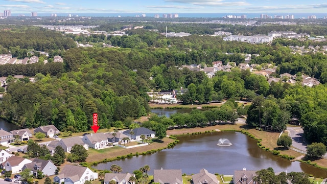 bird's eye view featuring a water view and a residential view