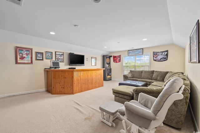 living area featuring vaulted ceiling, light colored carpet, baseboards, and recessed lighting