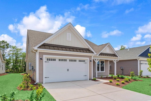 view of front of home featuring board and batten siding, a standing seam roof, a garage, concrete driveway, and a shingled roof
