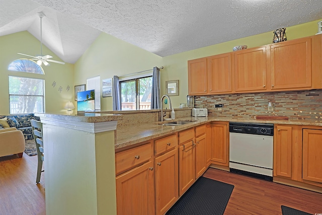 kitchen featuring white dishwasher, a sink, dark wood-style floors, a peninsula, and open floor plan