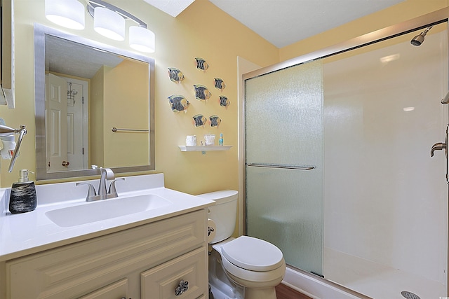 bathroom featuring a shower stall, toilet, and vanity
