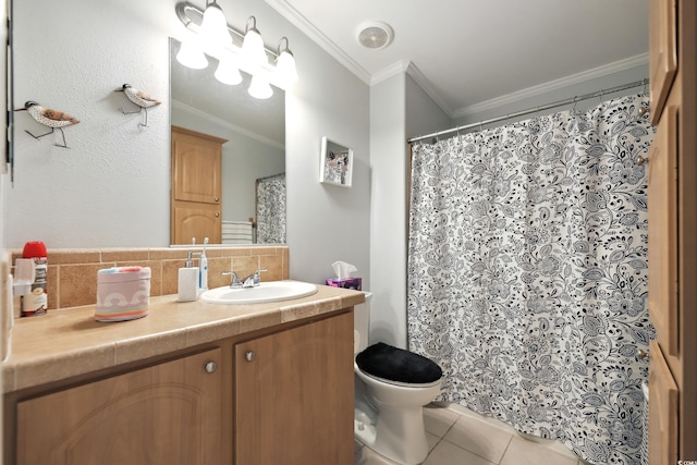 full bath featuring decorative backsplash, tile patterned flooring, toilet, vanity, and crown molding