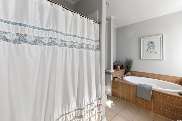bathroom with tile patterned flooring, crown molding, tiled bath, toilet, and curtained shower