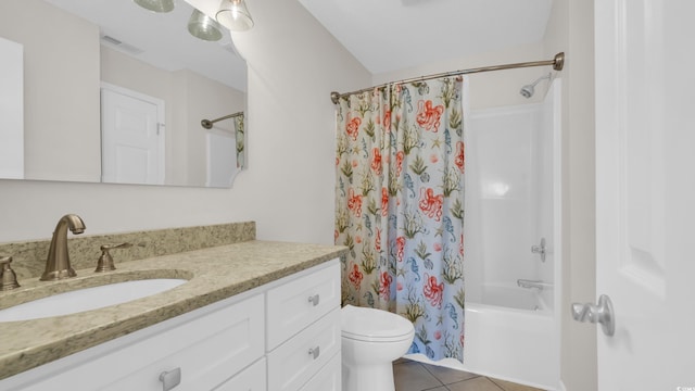 full bathroom featuring toilet, shower / tub combo with curtain, visible vents, tile patterned flooring, and vanity