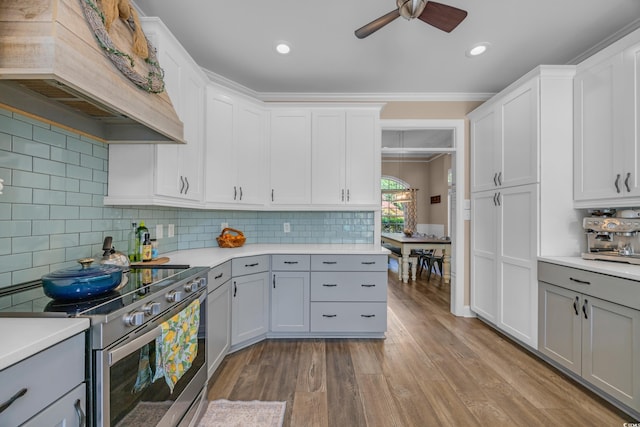 1203 Crooked Oak Dr, Pawleys Island, SC 29585 - kitchen with wood finished floors, custom exhaust hood, ceiling fan, gray cabinetry, and stainless steel range with electric cooktop