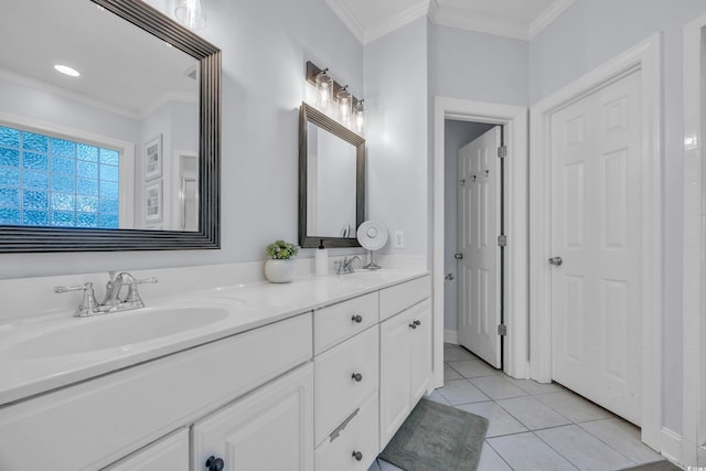 1203 Crooked Oak Dr, Pawleys Island, SC 29585 - full bath with double vanity, crown molding, tile patterned flooring, and a sink