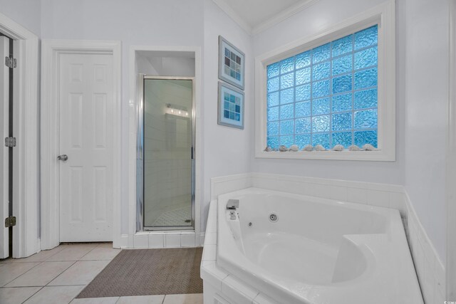 1203 Crooked Oak Dr, Pawleys Island, SC 29585 - full bathroom with a tub with jets, tile patterned flooring, a stall shower, and ornamental molding