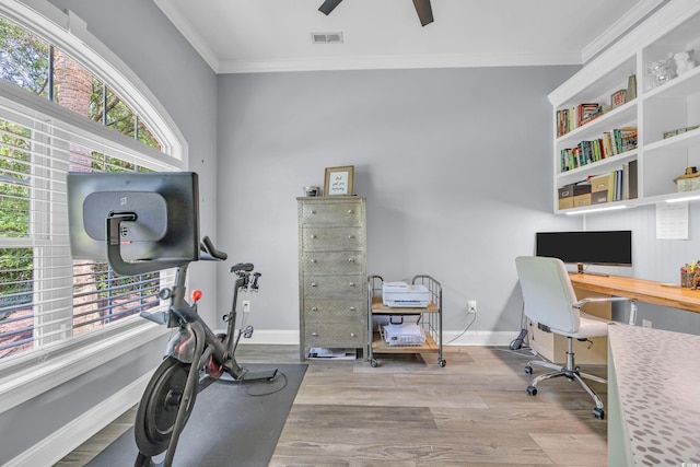 1203 Crooked Oak Dr, Pawleys Island, SC 29585 - home office featuring wood finished floors, a ceiling fan, visible vents, baseboards, and ornamental molding