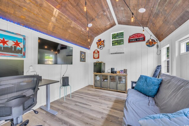 1203 Crooked Oak Dr, Pawleys Island, SC 29585 - office space featuring vaulted ceiling, an AC wall unit, wood ceiling, and wood finished floors